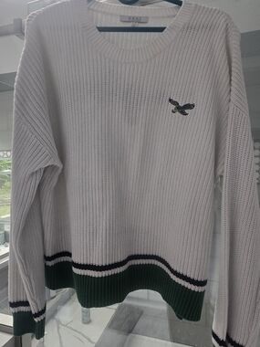 Eagles White Crewneck Sweater with Green Trim